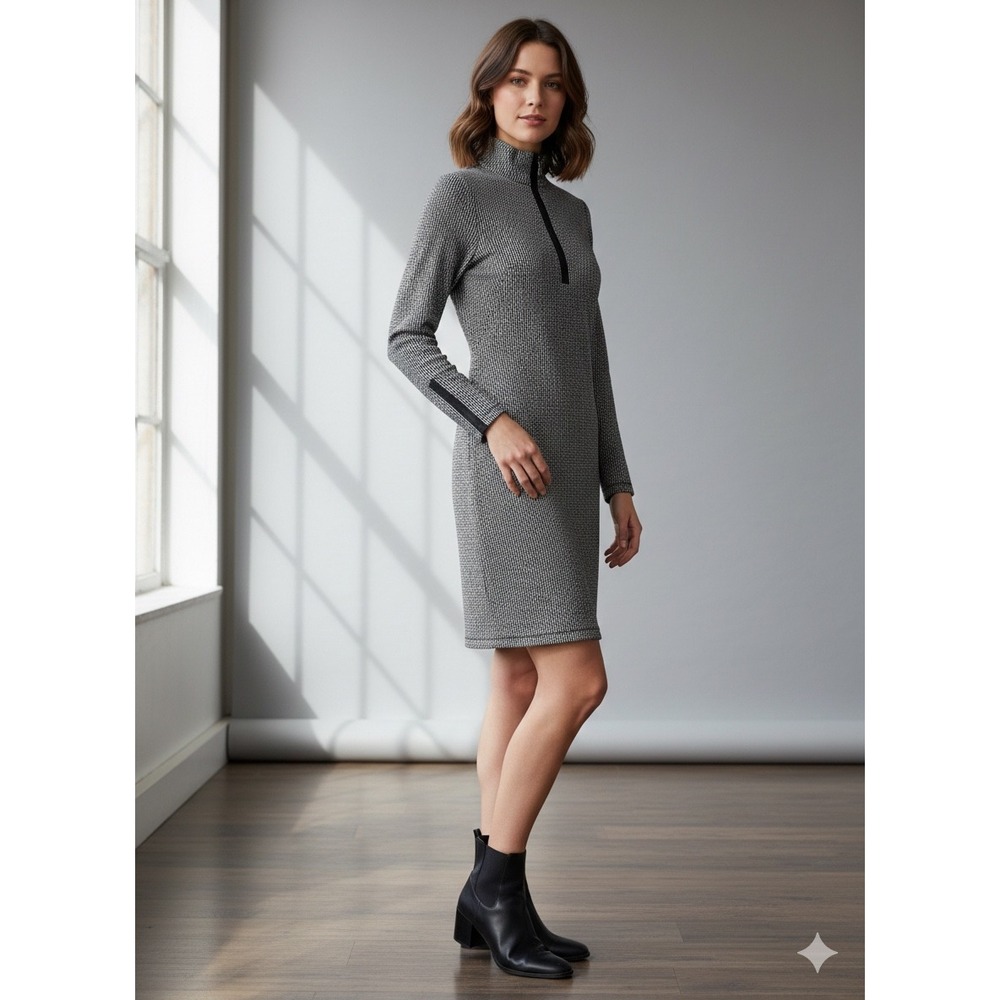 J.McLaughlin Black White‎ Geometric Quarter Zip Sheath Dress XS Long Sleeve Mock